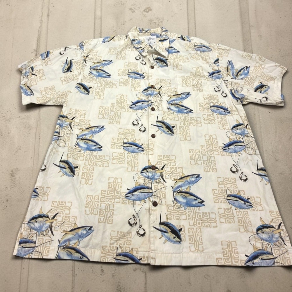 Guy Harvey Button Down Shirt Men 2X Cream Fish Print Cotton Short Sleeve Tuna